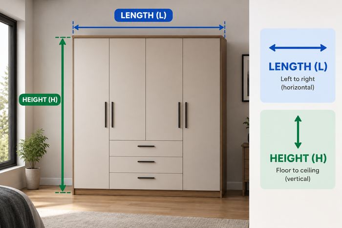 Diagram showing how to measure a wardrobe: length is measured left to right, height is measured floor to ceiling
